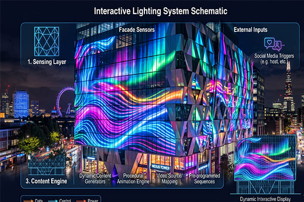 A schematic diagram showing the three layers of an interactive lighting system: Sensing, Control, and Content Engine.